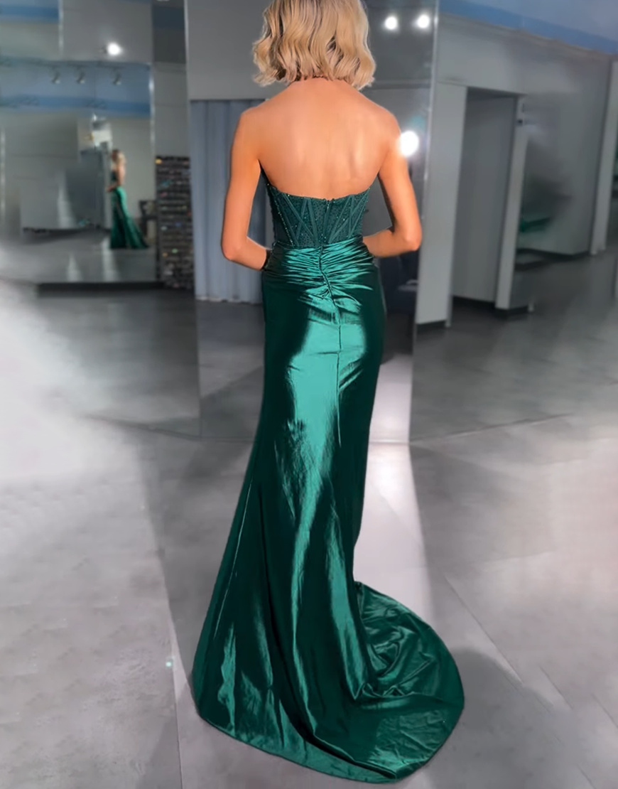 Sparkly Green Satin Strapless Corset Keyhole Mermaid Long Prom Dress with Slit