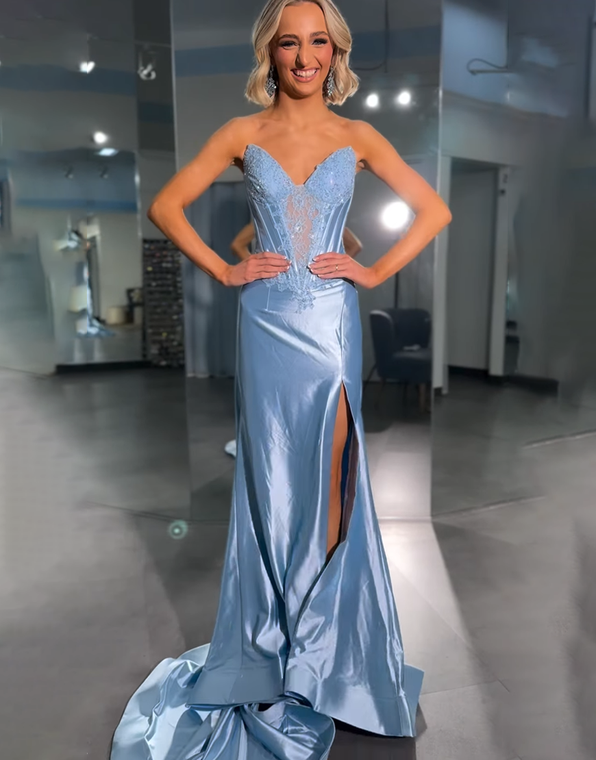 Sky Blue Strapless Satin Corset Mermaid Long Prom Dress with Slit