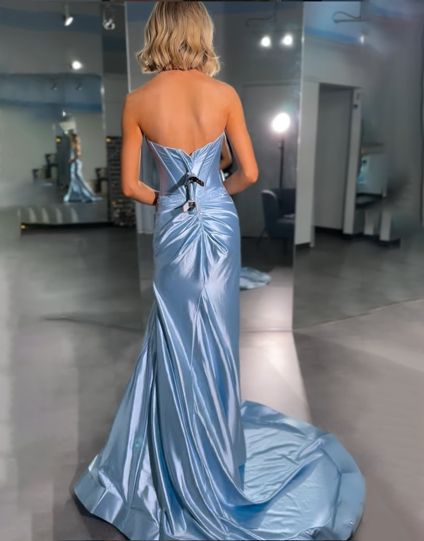 Sky Blue Strapless Satin Corset Mermaid Long Prom Dress with Slit