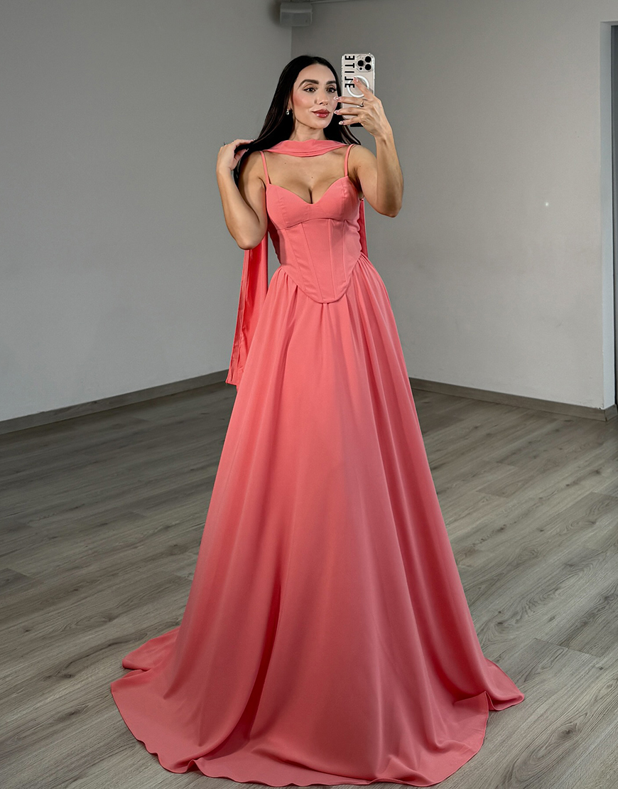 Yellow Corset Neck Scarf Chiffon A Line Long Prom Dress