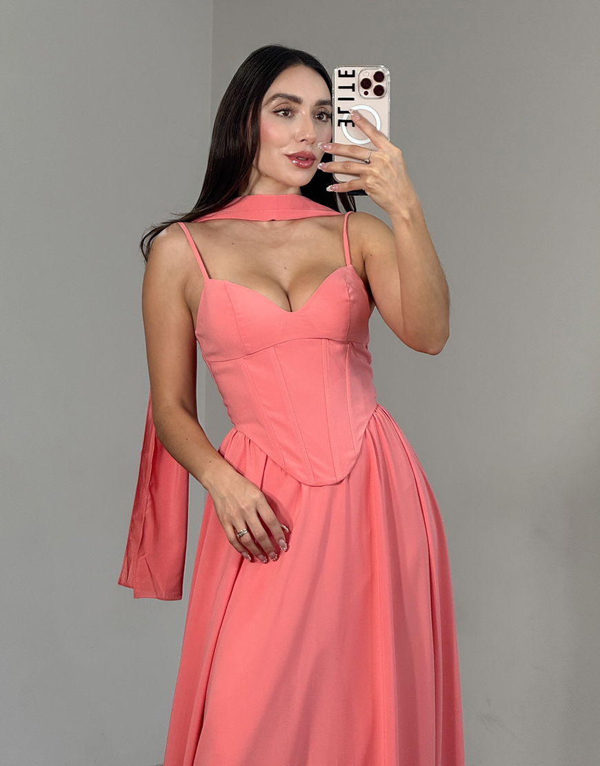 Yellow Corset Neck Scarf Chiffon A Line Long Prom Dress