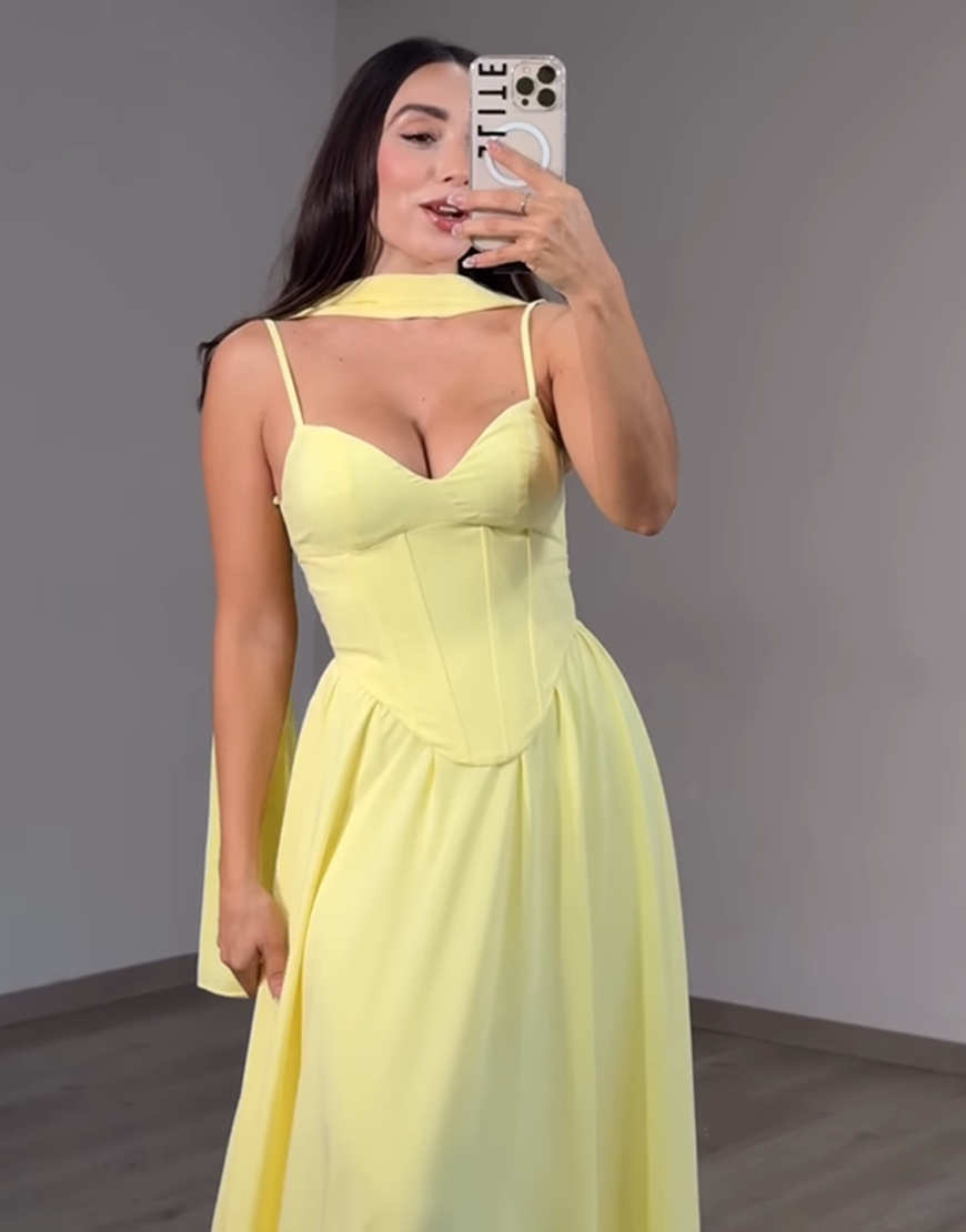 Yellow Corset Neck Scarf Chiffon A Line Long Prom Dress