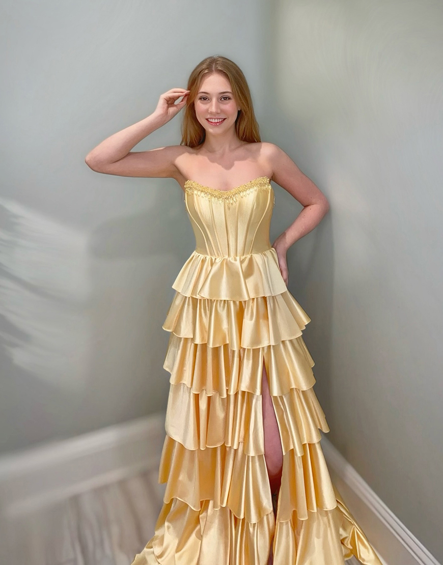 Sparkly Yellow Satin Corset A Line Ruffled Long Prom Dress with Beading