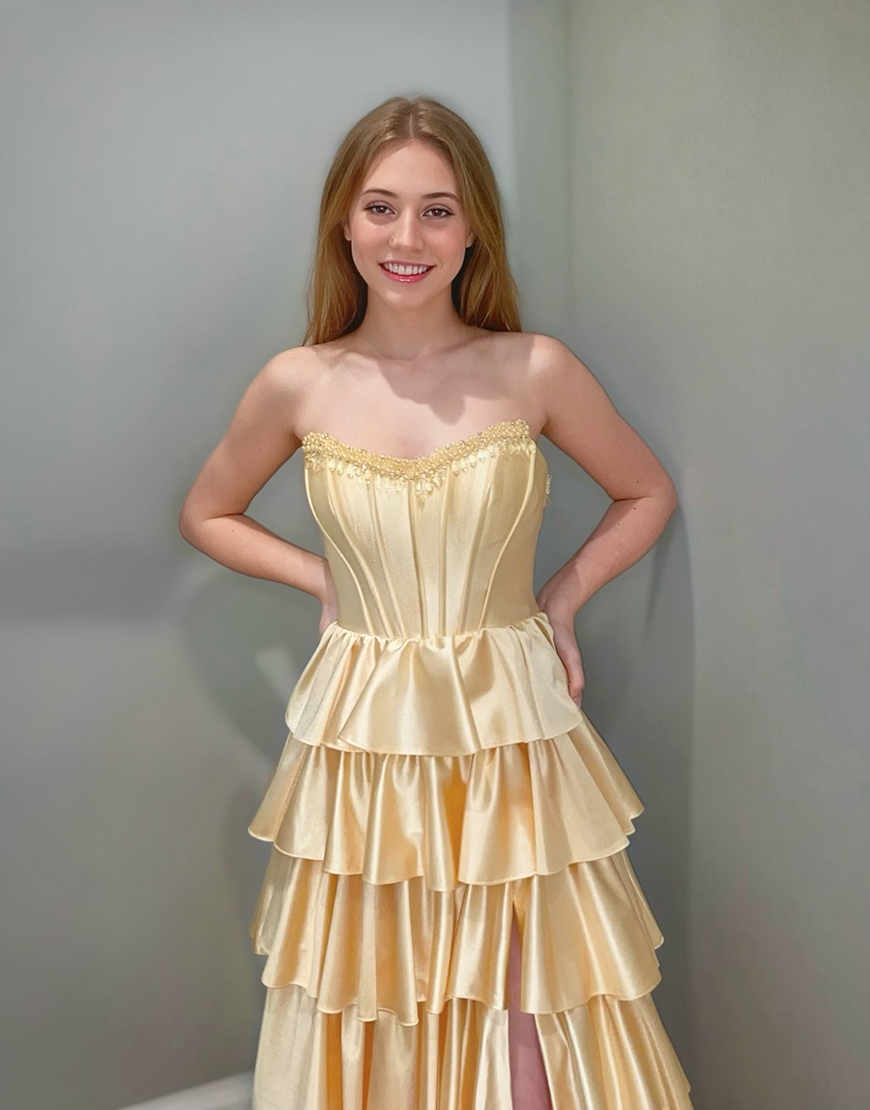 Sparkly Yellow Satin Corset A Line Ruffled Long Prom Dress with Beading
