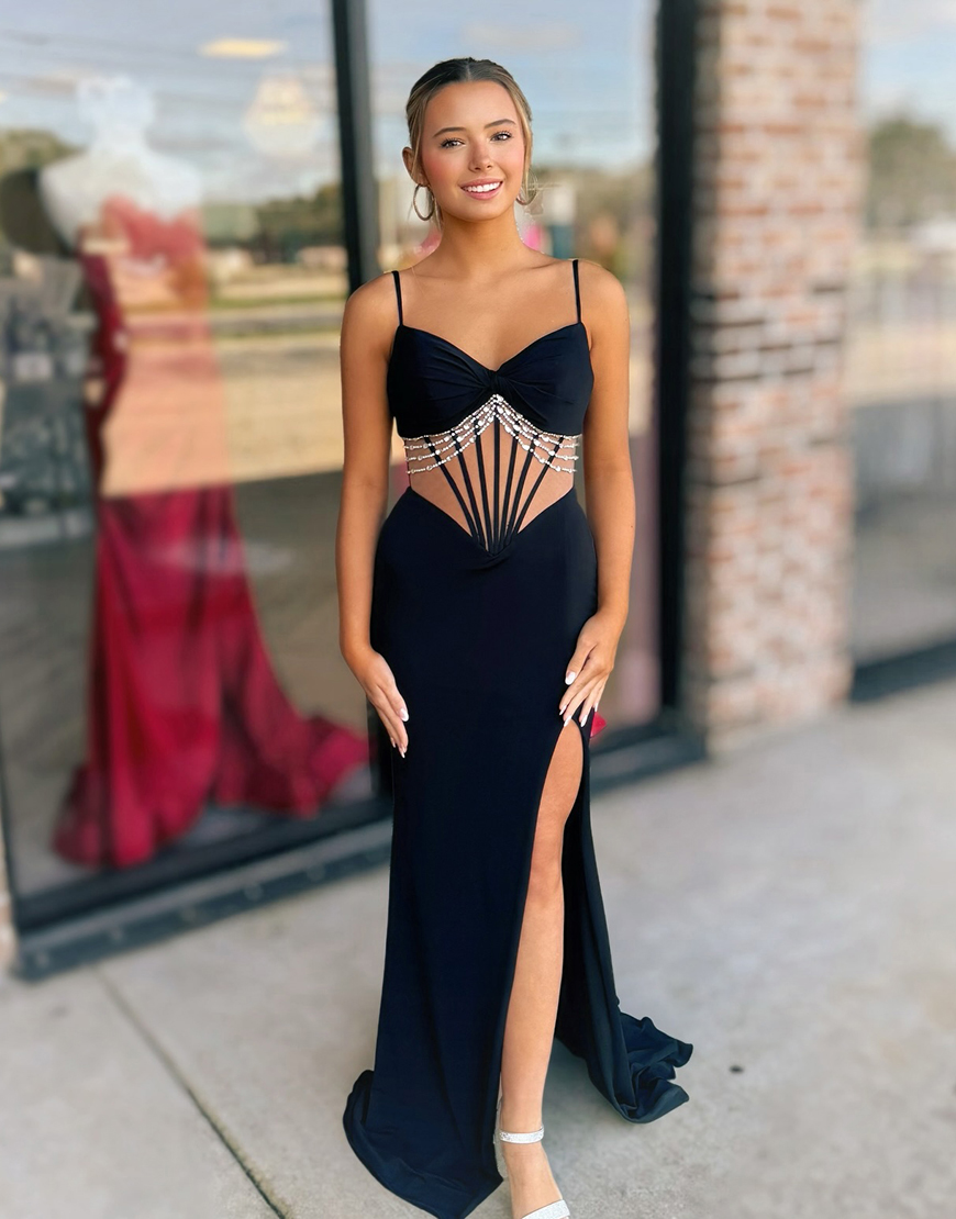 Sparkly Black Mermaid Corset Beaded Long Prom Dress with Slit