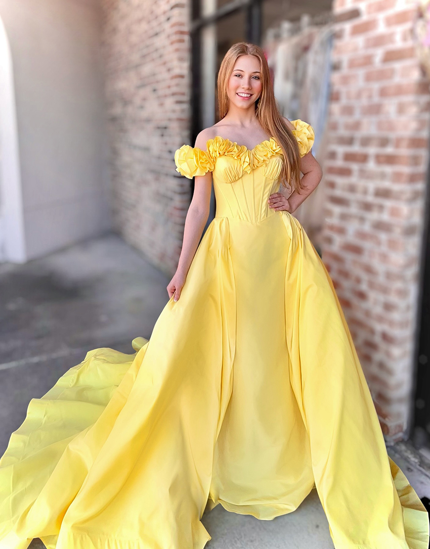 Berlinnova Women Yellow Long Corset Prom Dress with Cape Ruffled Mermaid Off the Shoulder Formal Dress