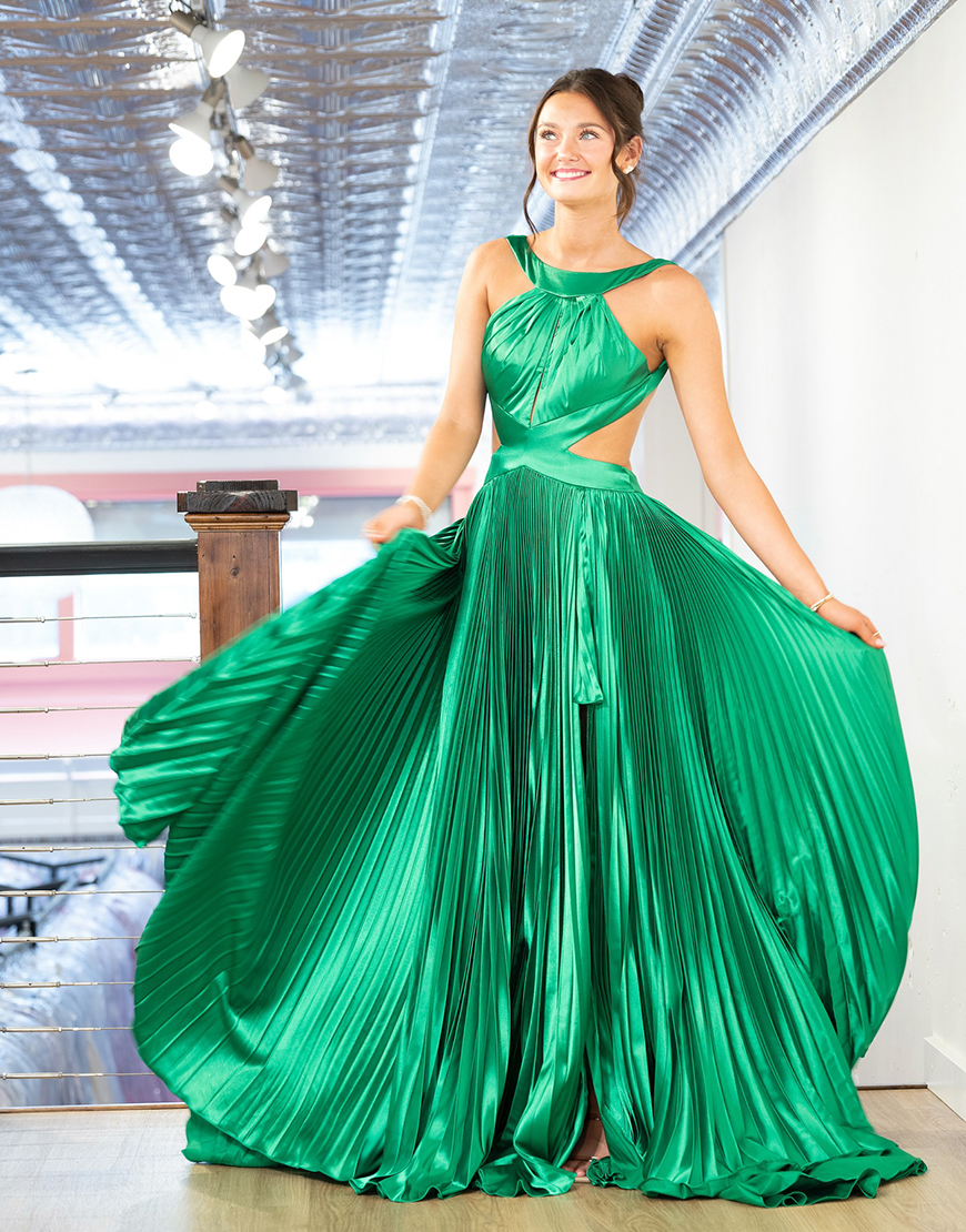 Green Satin Cut Out Pleated A Line Long Prom Dress with Slit