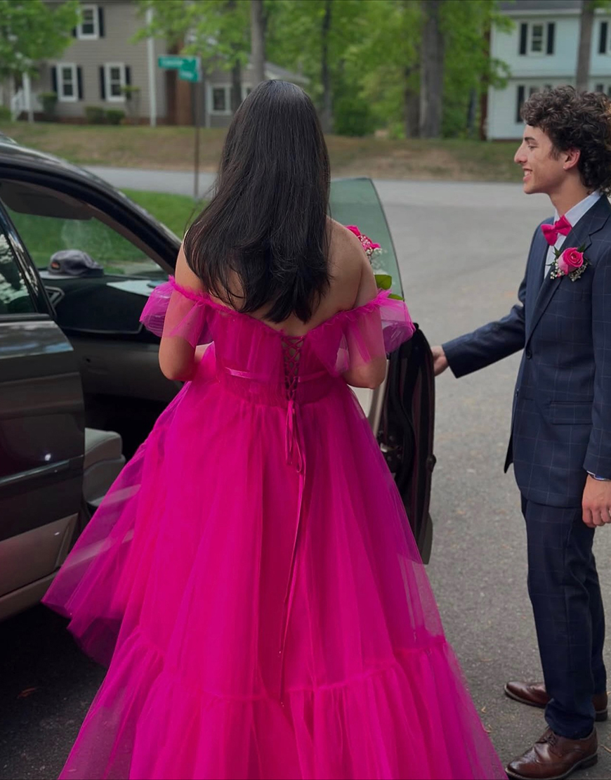 Fuchsia Tulle Off the Shoulder A Line Long Prom Dress