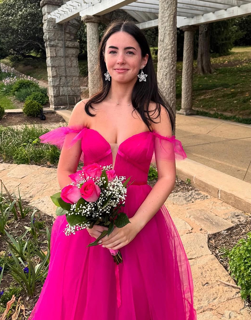 Fuchsia Tulle Off the Shoulder A Line Long Prom Dress