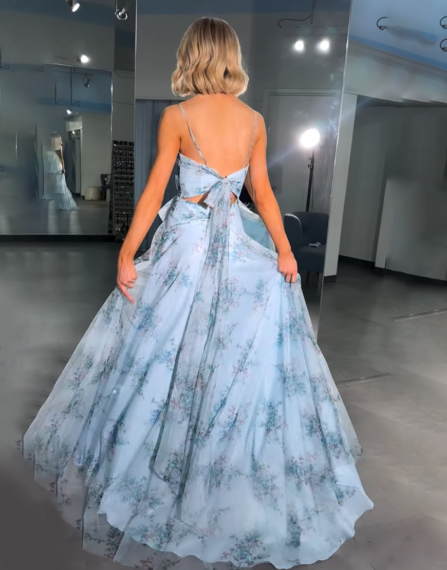Blue Floral A Line Cut Out Long Prom Dress with Bows