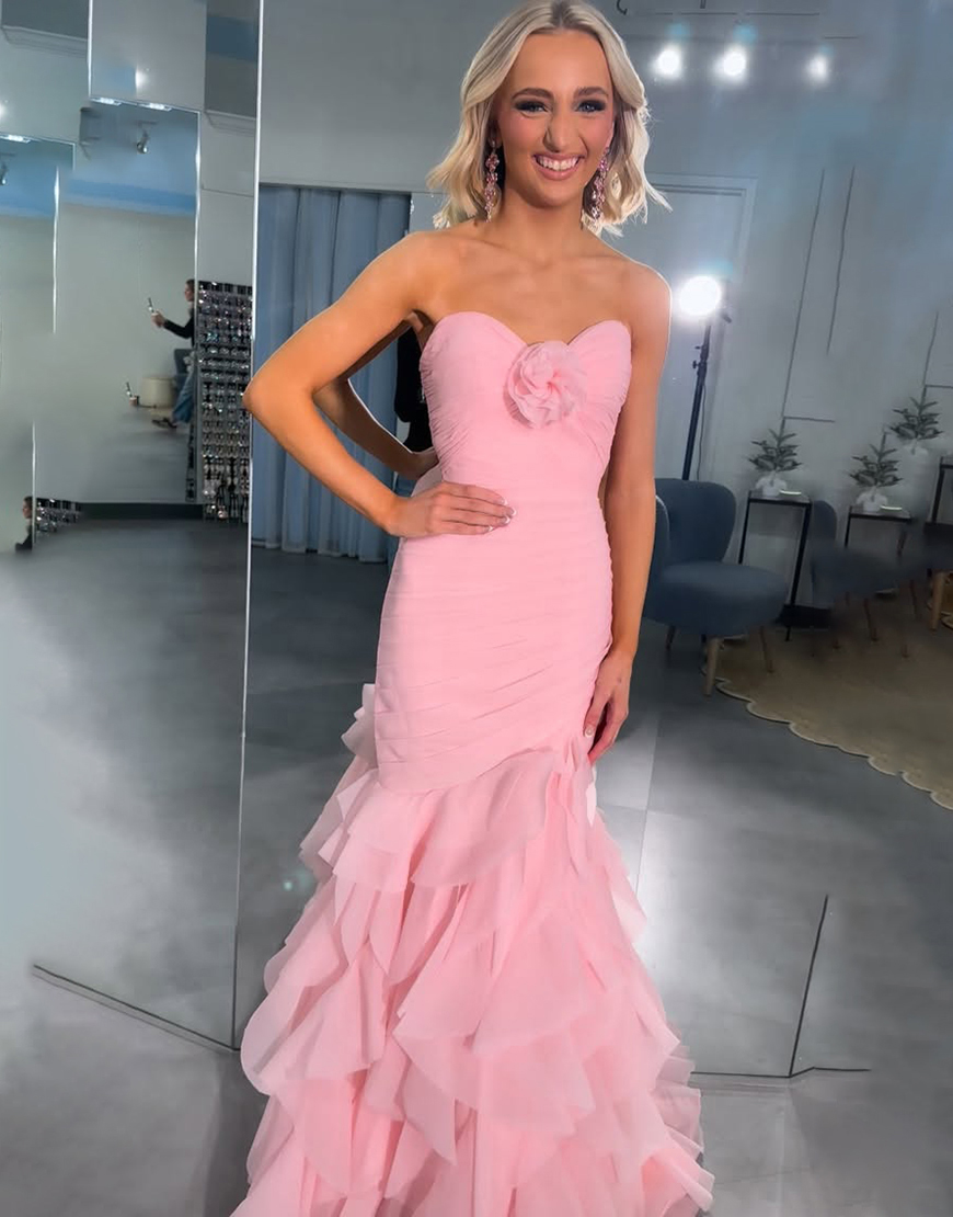 Pink Chiffon Mermaid Ruffled Sweetheart Long Prom Dress with 3D Flower
