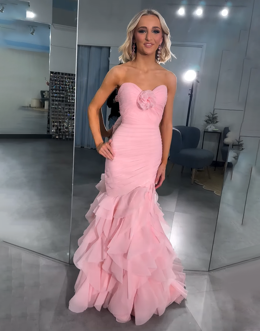 Pink Chiffon Mermaid Ruffled Sweetheart Long Prom Dress with 3D Flower