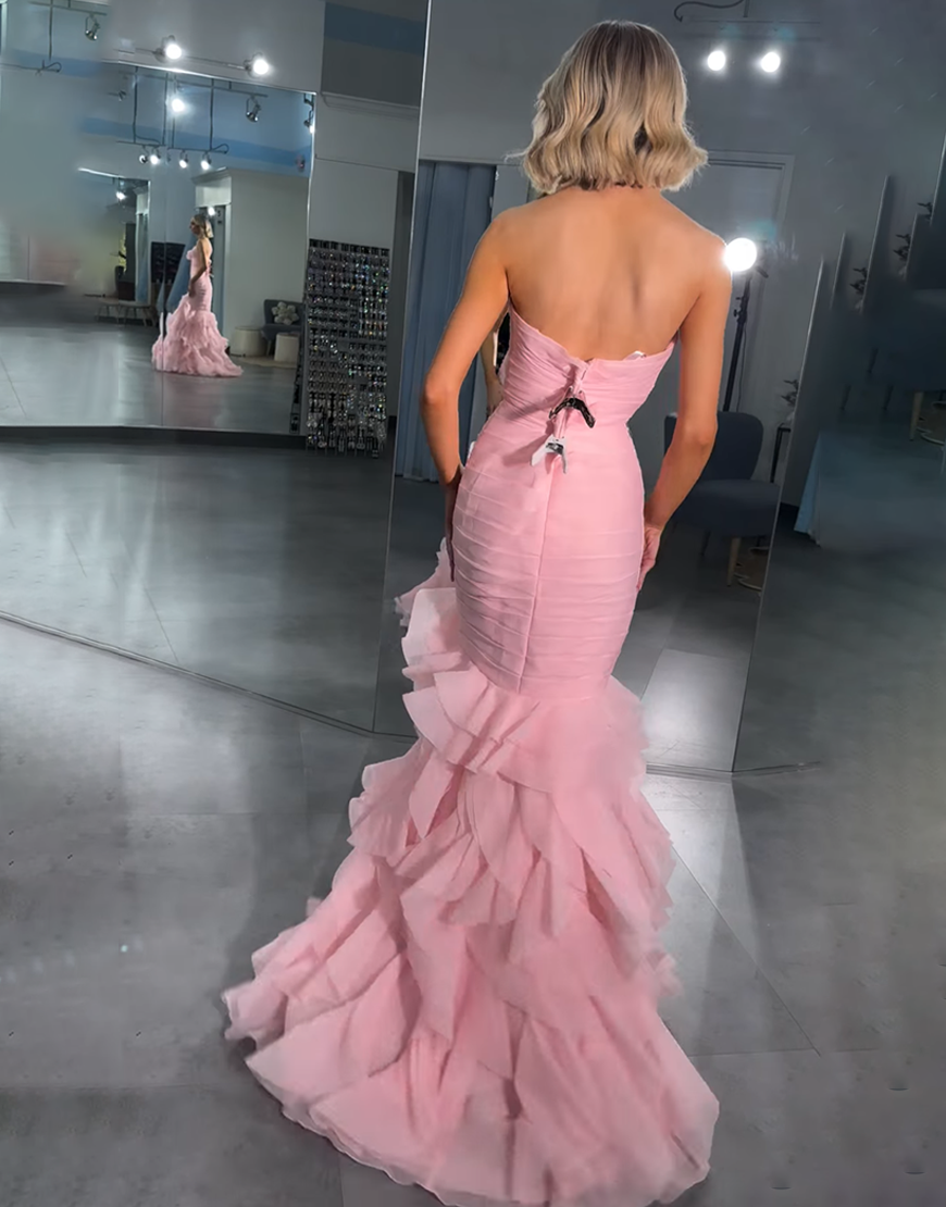 Pink Chiffon Mermaid Ruffled Sweetheart Long Prom Dress with 3D Flower