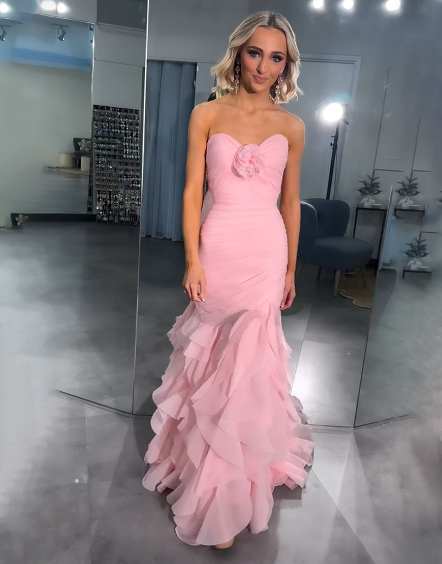 Pink Chiffon Mermaid Ruffled Sweetheart Long Prom Dress with 3D Flower
