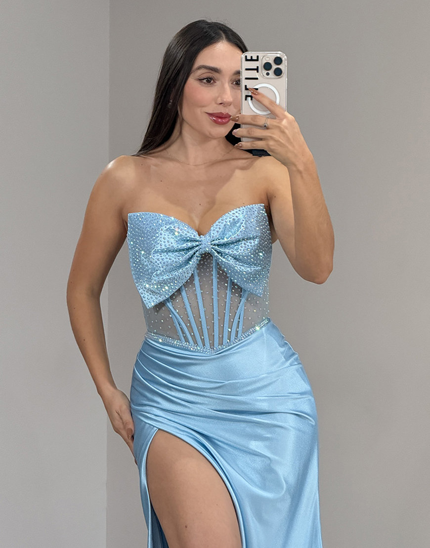 Sparkly Light Blue Beaded Mermaid Corset Long Prom Dress with Detachable Bow