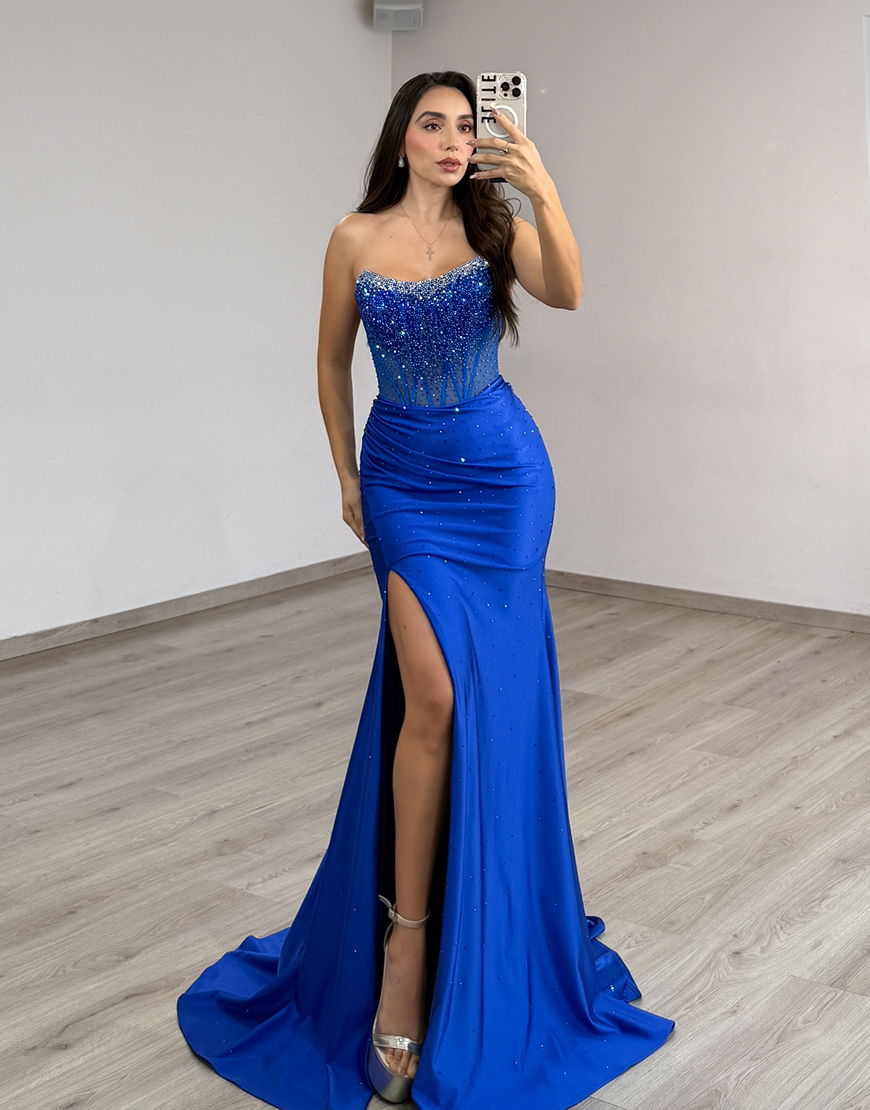 Sparkly Royal Blue Corset Mermaid Satin Beaded Long Prom Dress with Slit