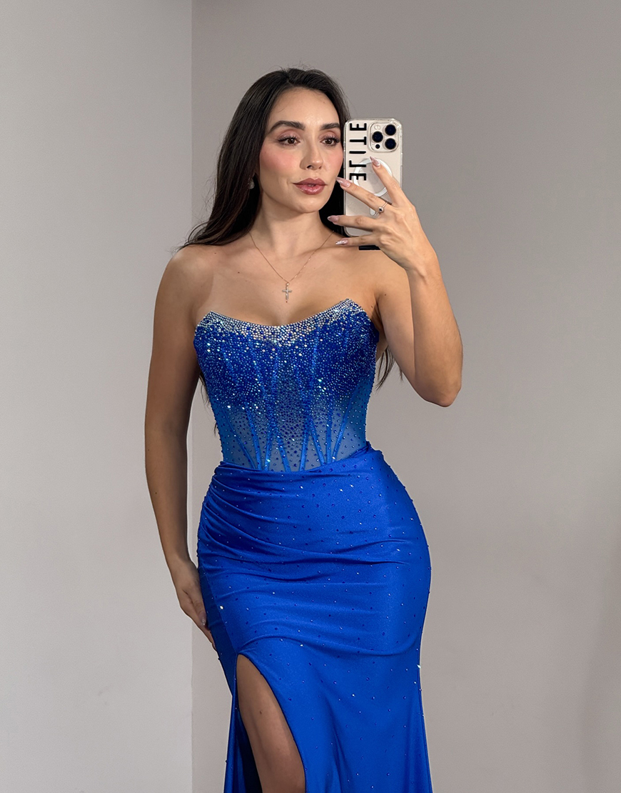 Sparkly Royal Blue Corset Mermaid Satin Beaded Long Prom Dress with Slit