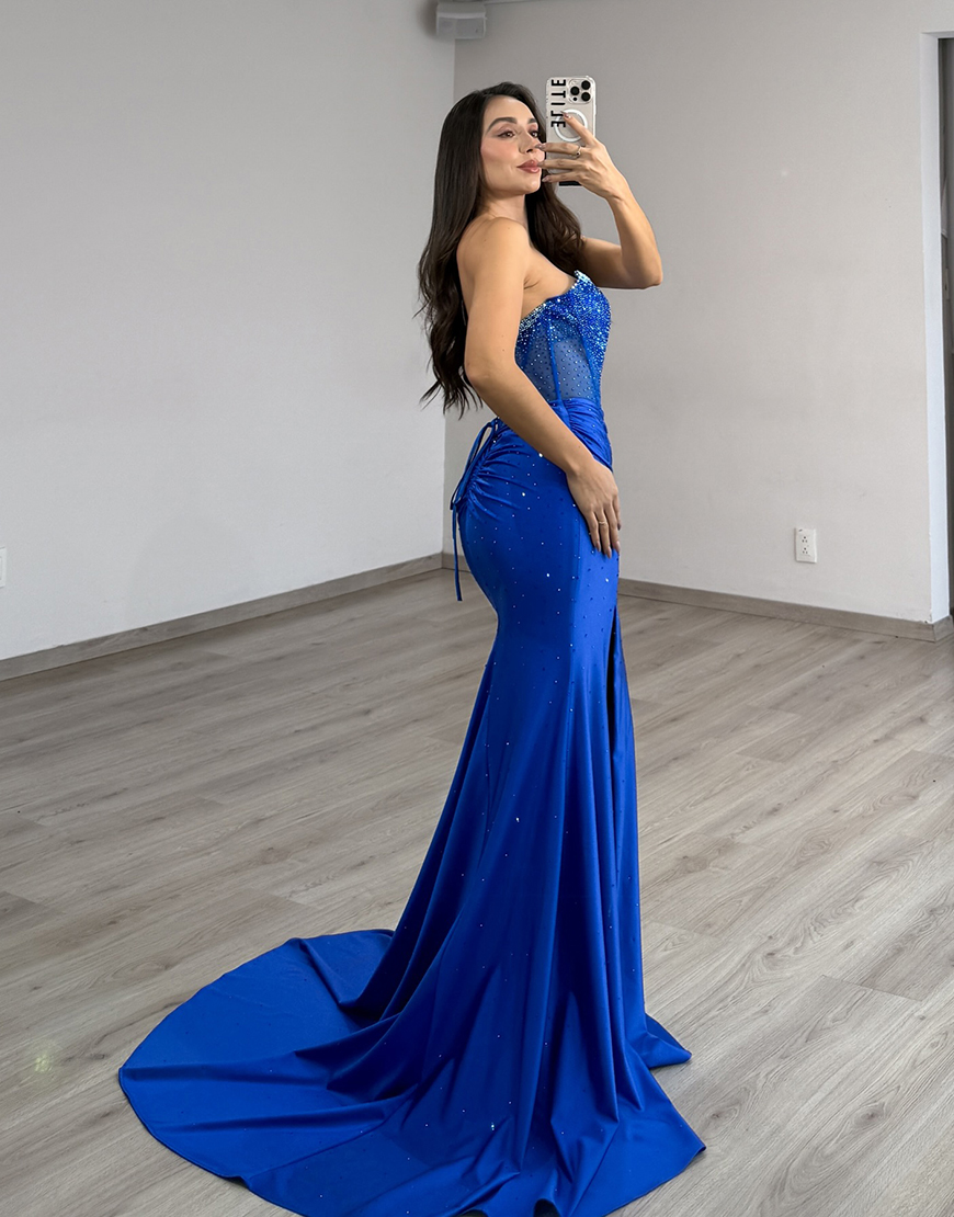 Sparkly Royal Blue Corset Mermaid Satin Beaded Long Prom Dress with Slit