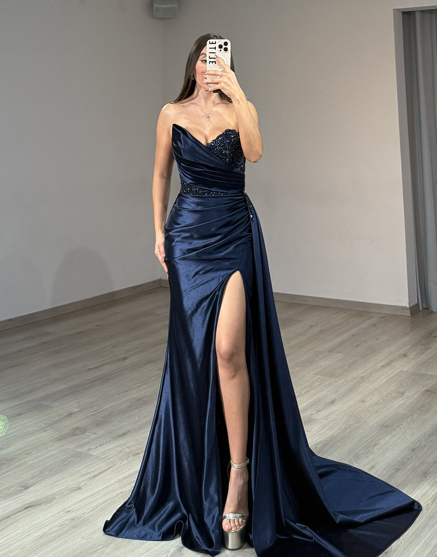 Sparkly Navy Beaded Mermaid Satin Long Prom Dress with Side Cape
