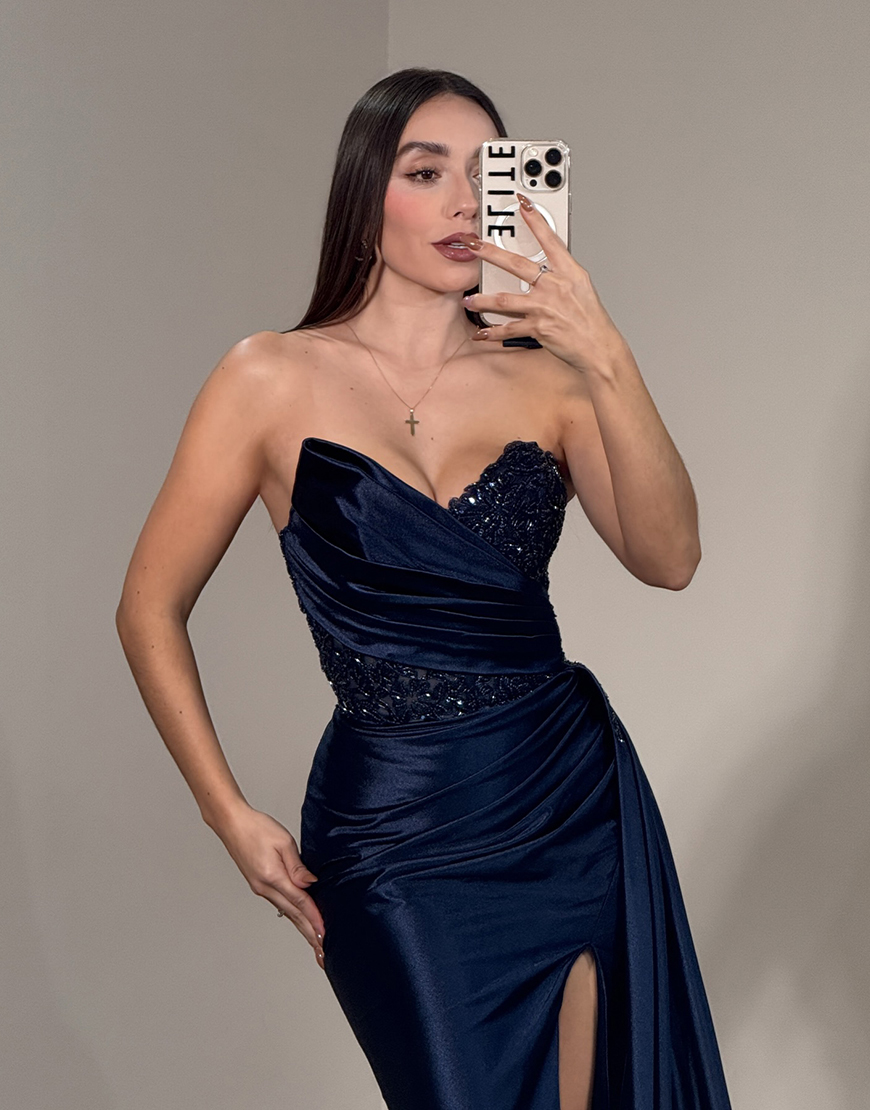 Sparkly Navy Beaded Mermaid Satin Long Prom Dress with Side Cape