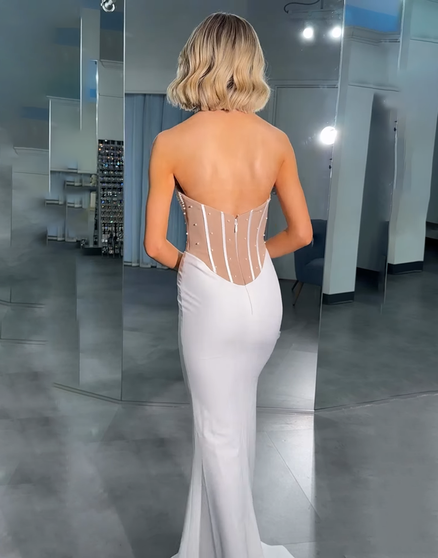 Sparkly White Corset Mermaid Strapless Long Prom Dress with Beading