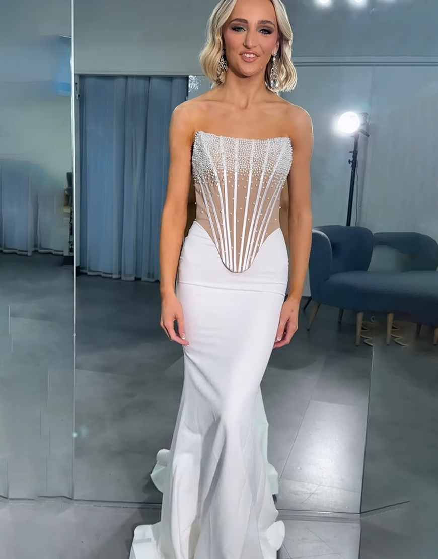 Sparkly White Corset Mermaid Strapless Long Prom Dress with Beading