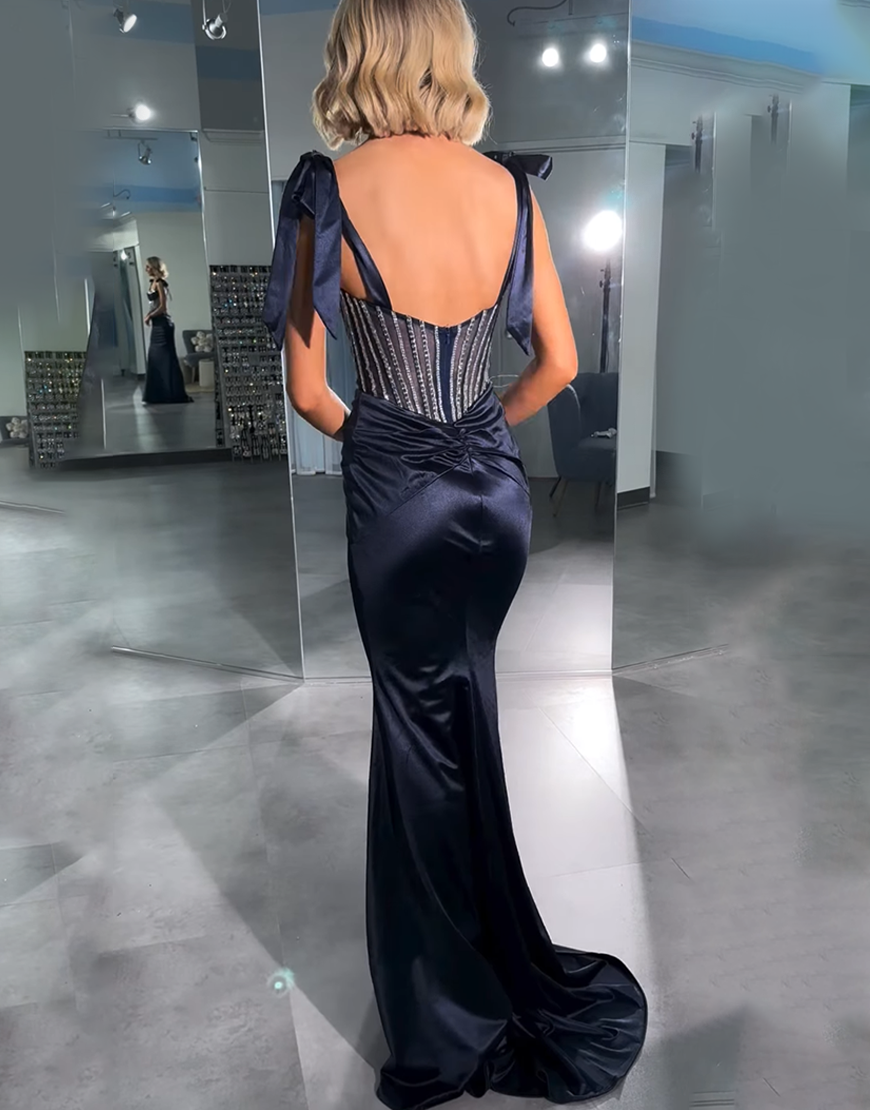 Sparkly Navy Mermaid Corset Satin Beaded Long Prom Dress with Bow