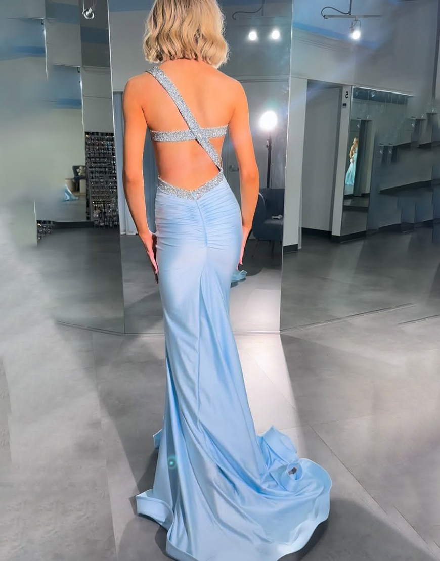 Sparkly Light Blue Satin One Shoulder Cut Out Mermaid Long Prom Dress with Beading