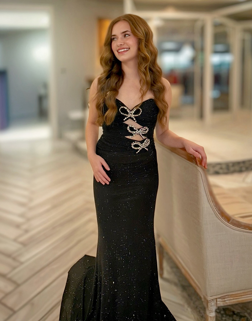 Sparkly Black Beaded Cut Out Mermaid Long Prom Dress with Bows