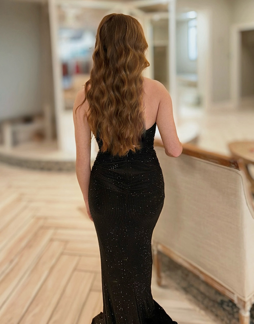 Sparkly Black Beaded Cut Out Mermaid Long Prom Dress with Bows