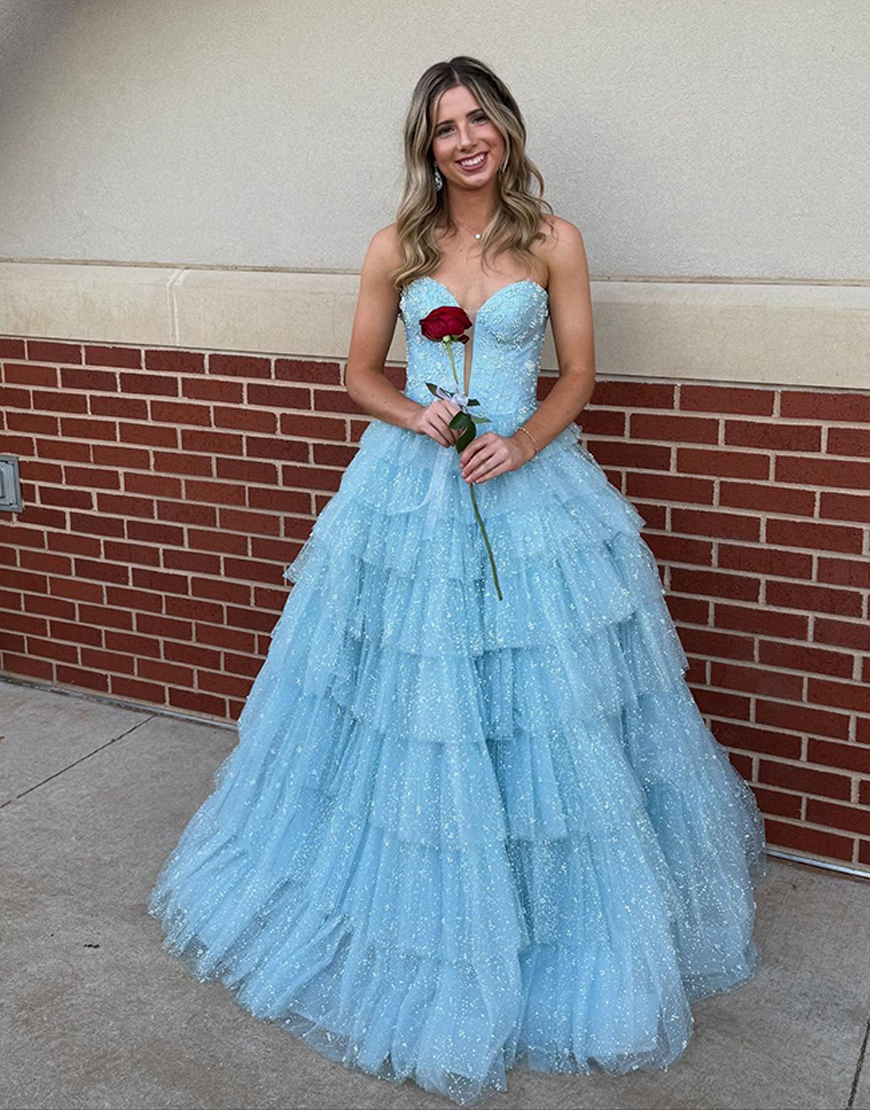Sparkly Light Blue Ruffled Corset Ball Gown Long Prom Dress with Beading