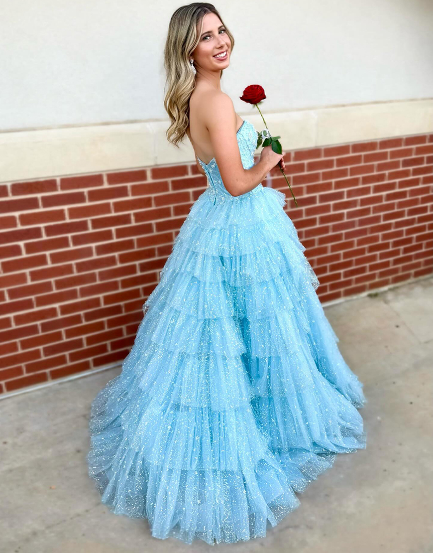 Sparkly Light Blue Ruffled Corset Ball Gown Long Prom Dress with Beading
