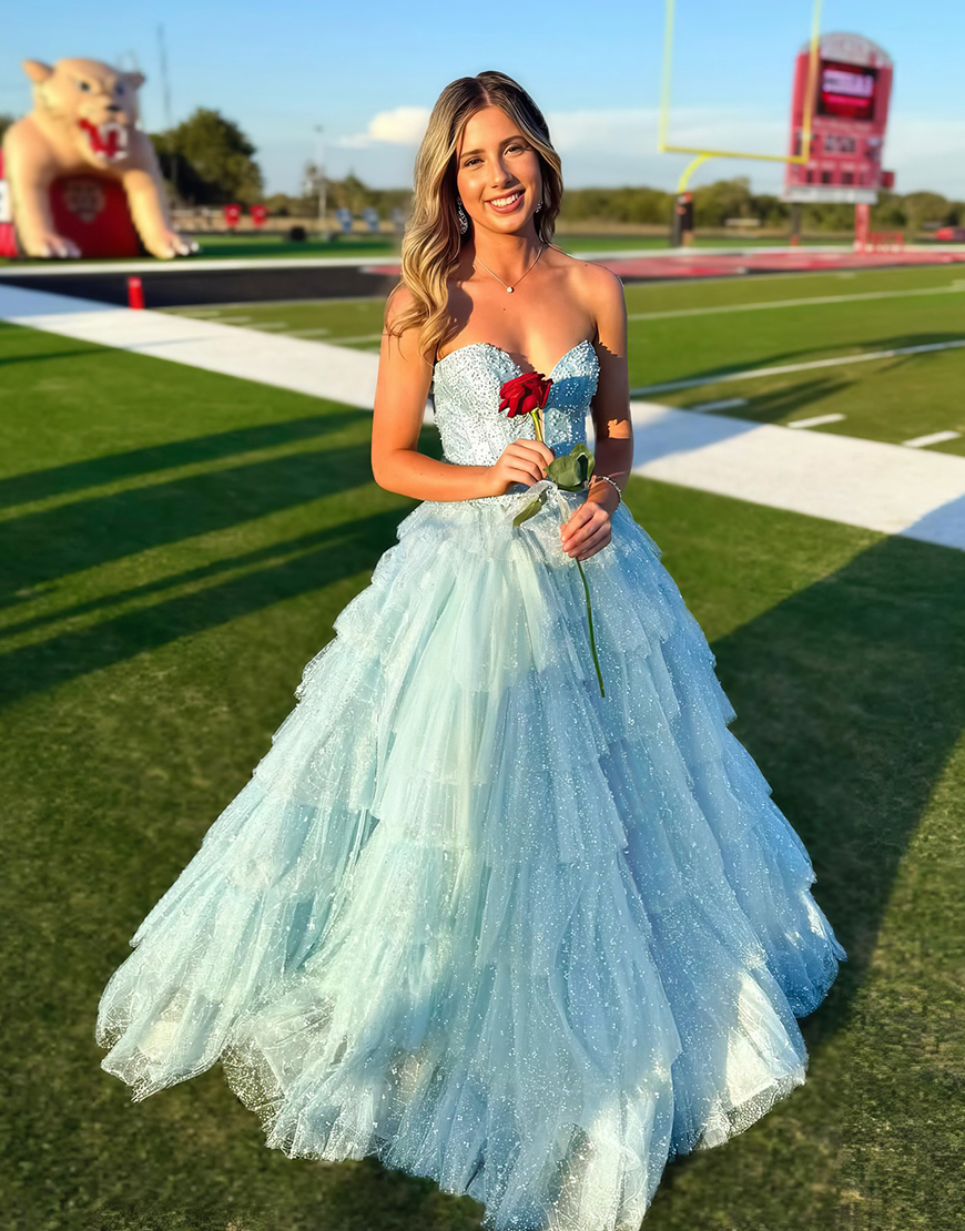 Sparkly Light Blue Ruffled Corset Ball Gown Long Prom Dress with Beading