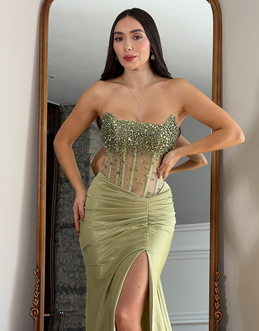 Sparkly Sage Mermaid Corset Satin Beaded Long Prom Dress with Slit