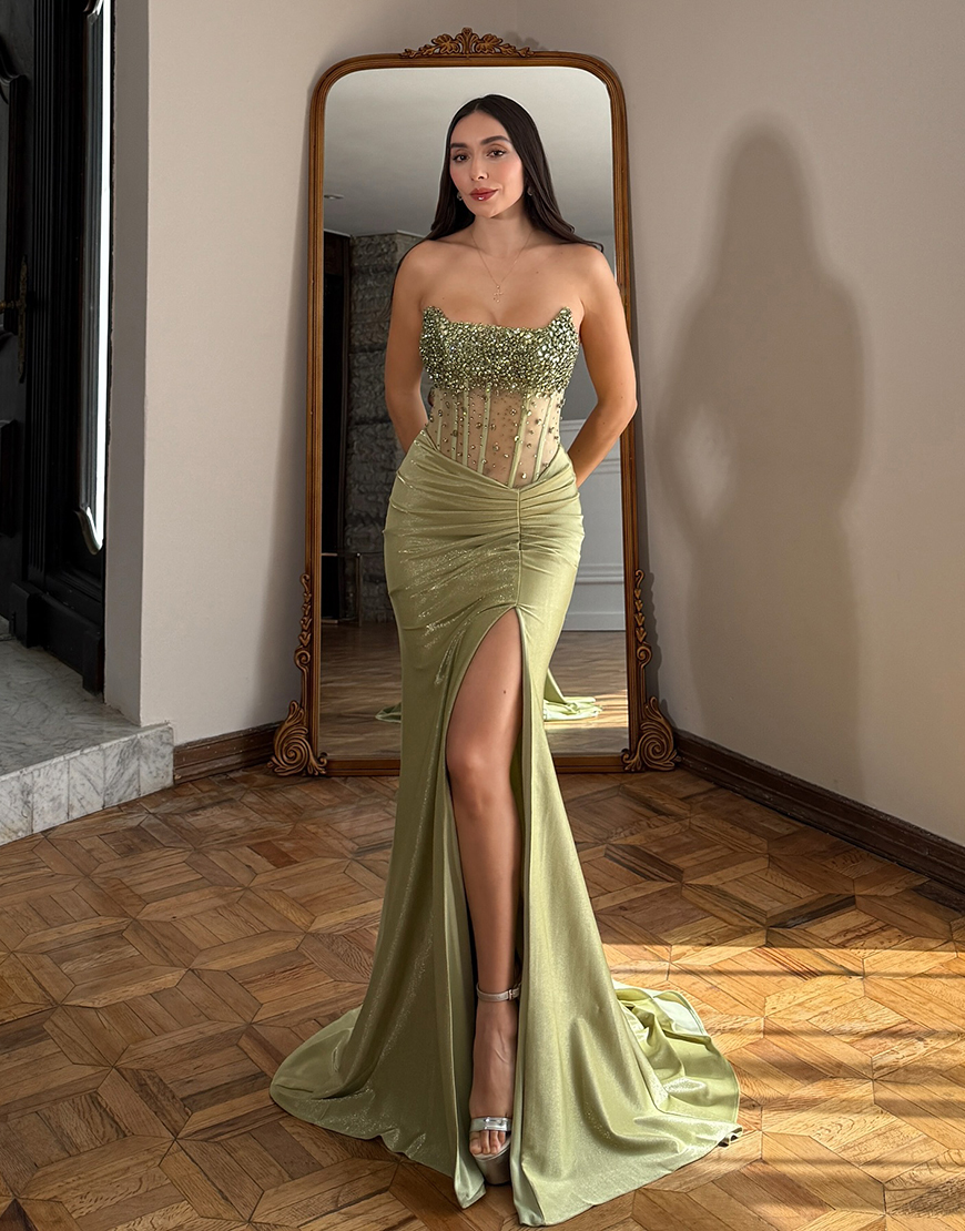 Sparkly Sage Mermaid Corset Satin Beaded Long Prom Dress with Slit