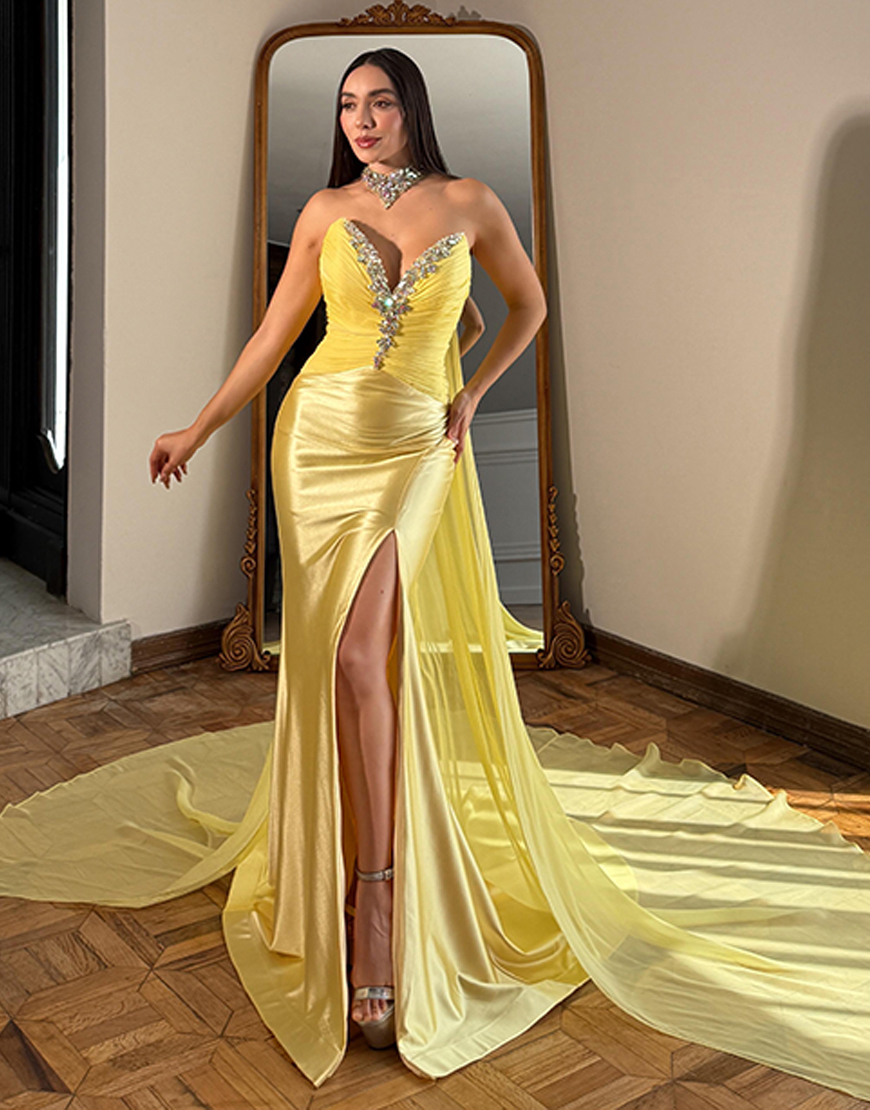 Sparkly Gold Mermaid Strapless Beaded Satin Long Prom Dress with Cape