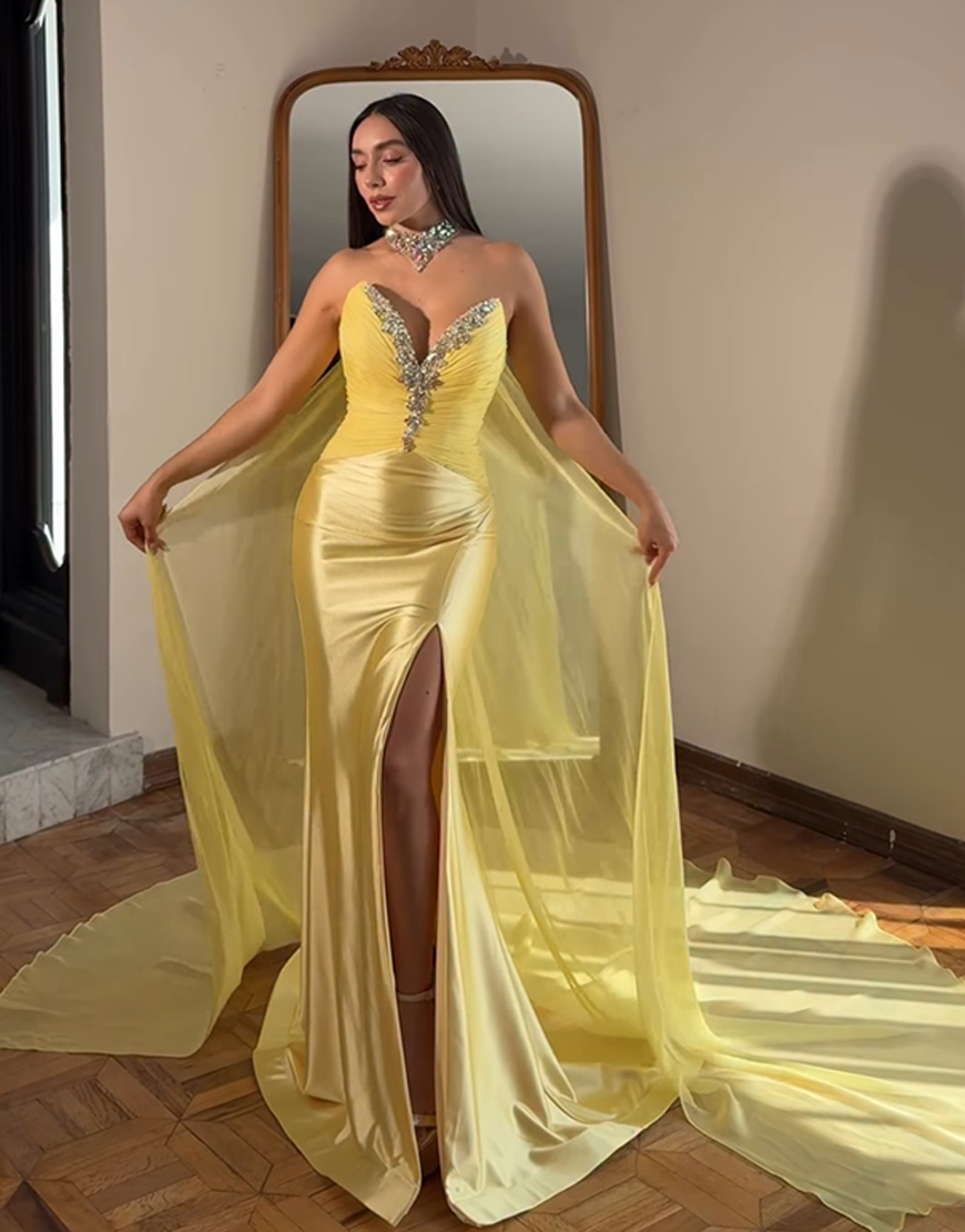 Sparkly Gold Mermaid Strapless Beaded Satin Long Prom Dress with Cape