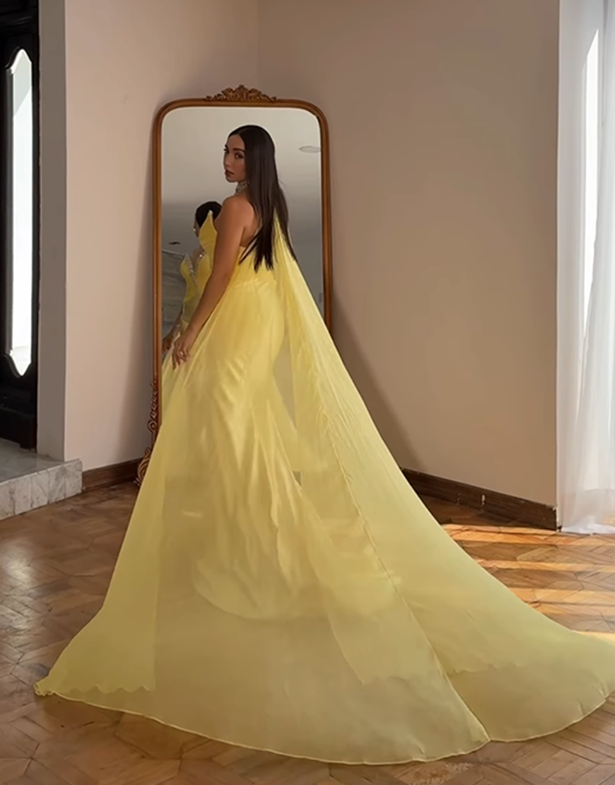 Sparkly Gold Mermaid Strapless Beaded Satin Long Prom Dress with Cape