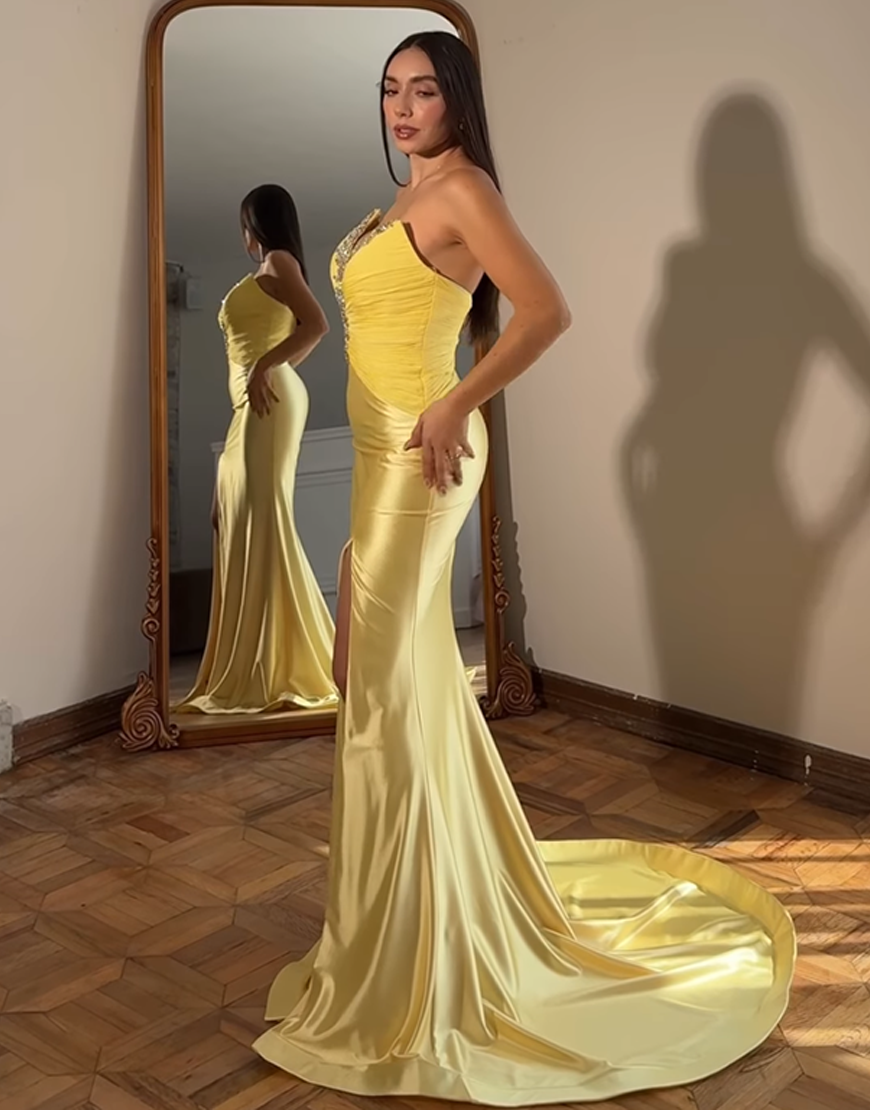 Sparkly Gold Mermaid Strapless Beaded Satin Long Prom Dress with Cape