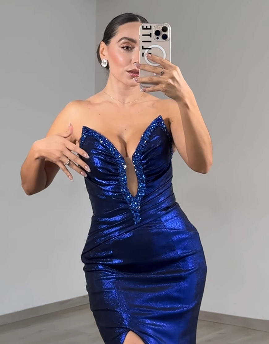 Sparkly Navy Metallic Mermaid Strapless Beaded Long Prom Dress with Slit