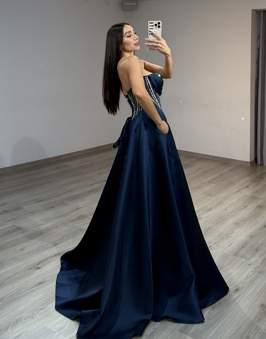 Sparkly Navy Corset Ball Beaded Gown Satin Long Prom Dress with Slit