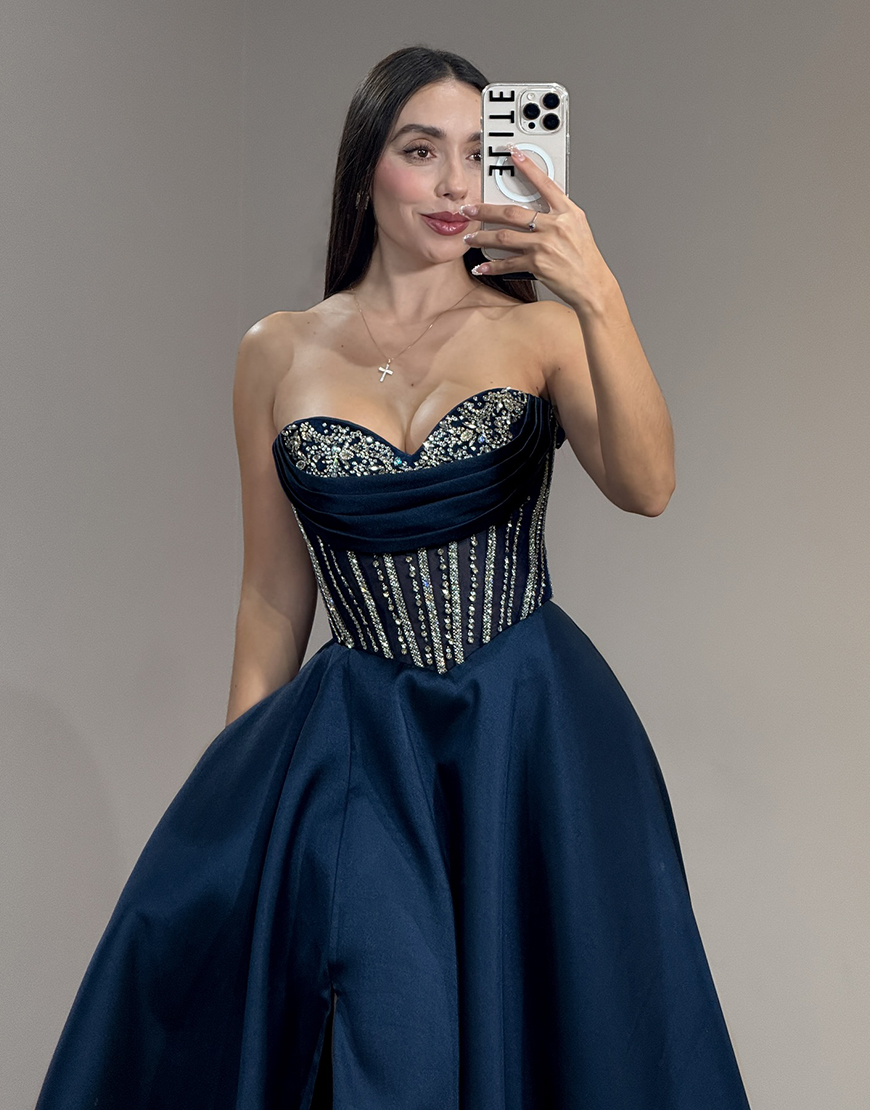 Sparkly Navy Corset Ball Beaded Gown Satin Long Prom Dress with Slit