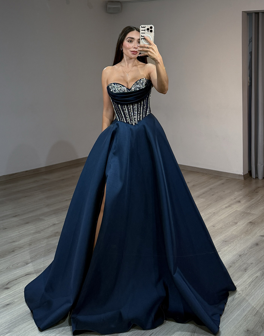Sparkly Navy Corset Ball Beaded Gown Satin Long Prom Dress with Slit