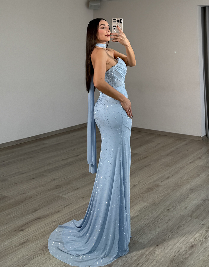 Sparkly Light Blue Mermaid Corset Beaded Long Prom Dress with Slit