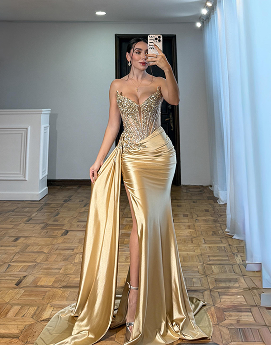 Sparkly Silver Mermaid Satin Corset Beaded Long Prom Dress with Side Cape