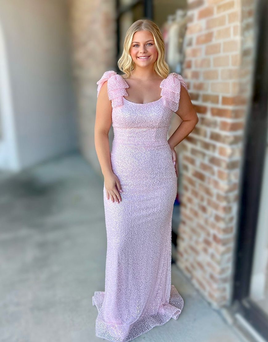 Sparkly Pink Scoop Neck Beaded Mermaid Long Prom Dress with Bows