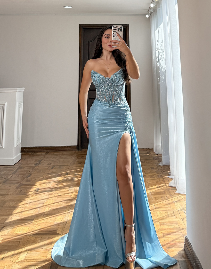 Glitter Light Blue Mermaid Corset Appliqued Long Prom Dress with Side Cape