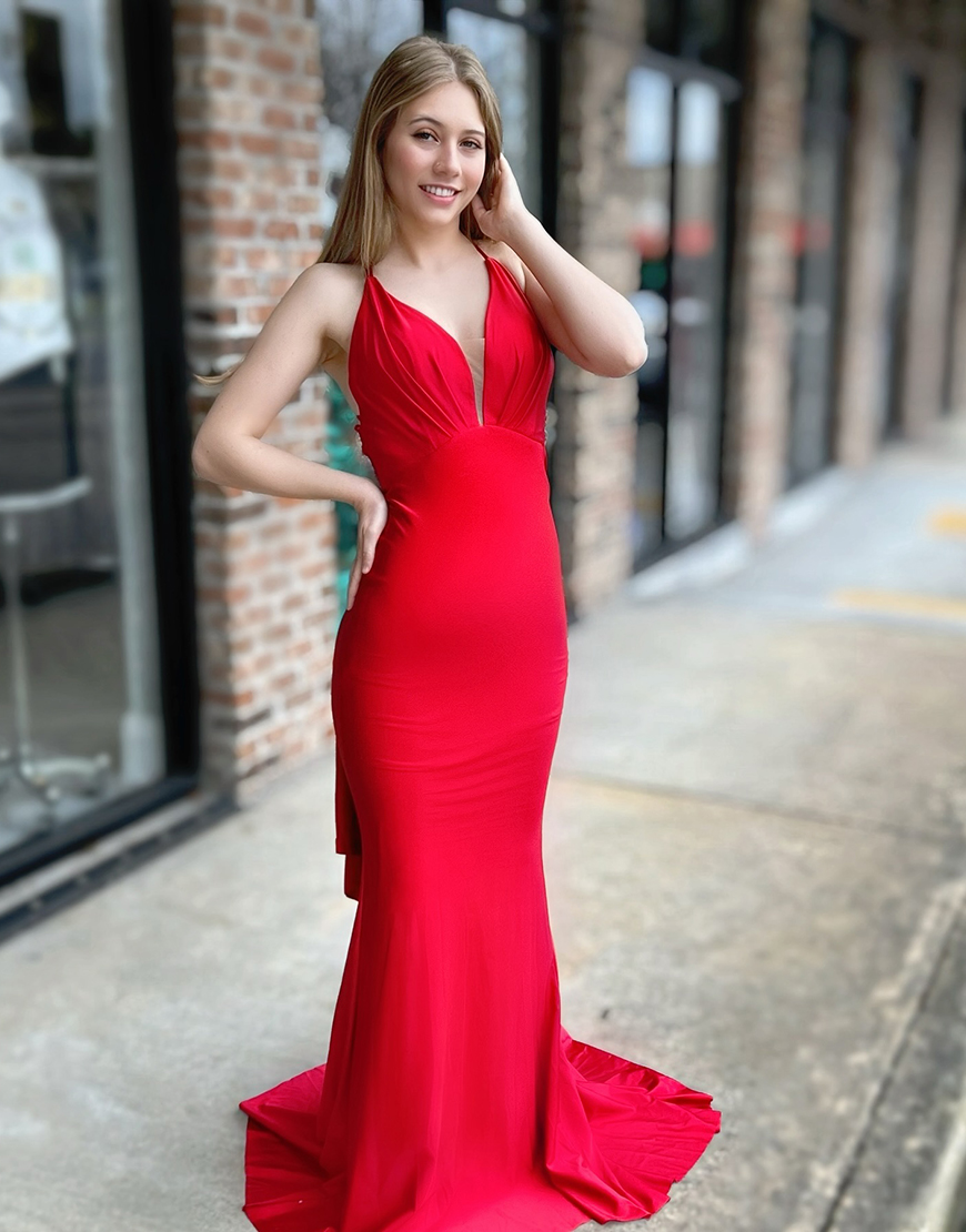 Red Mermaid Halter Satin Long Prom Dress with Cape
