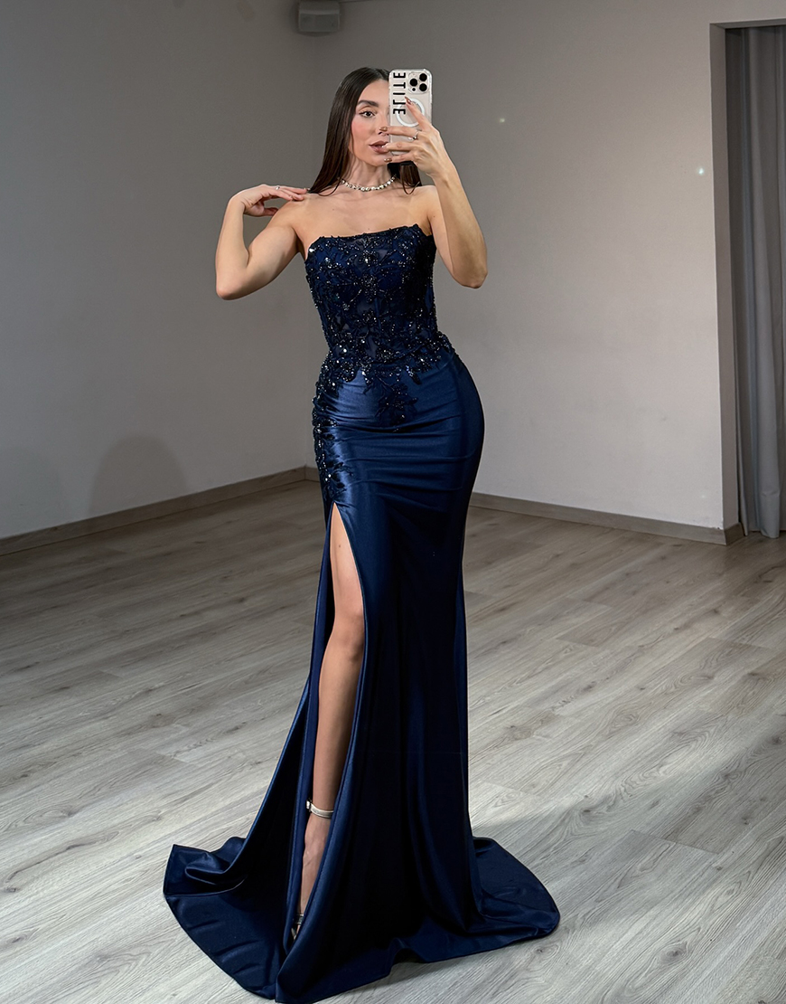 Sparkly Navy Satin Beaded Appliqued Mermaid Long Corset Prom Dress with Slit
