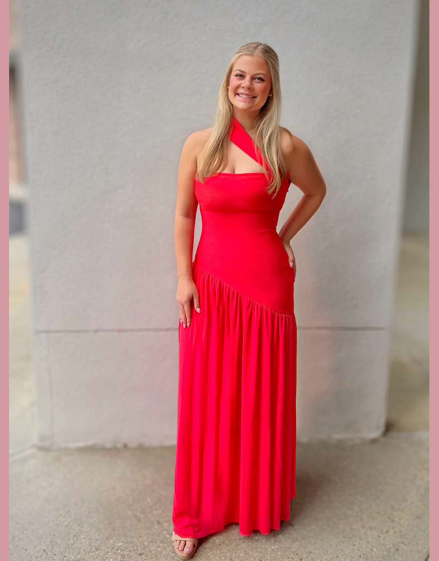 Simple Red Sheath One Shoulder Long Prom Dress